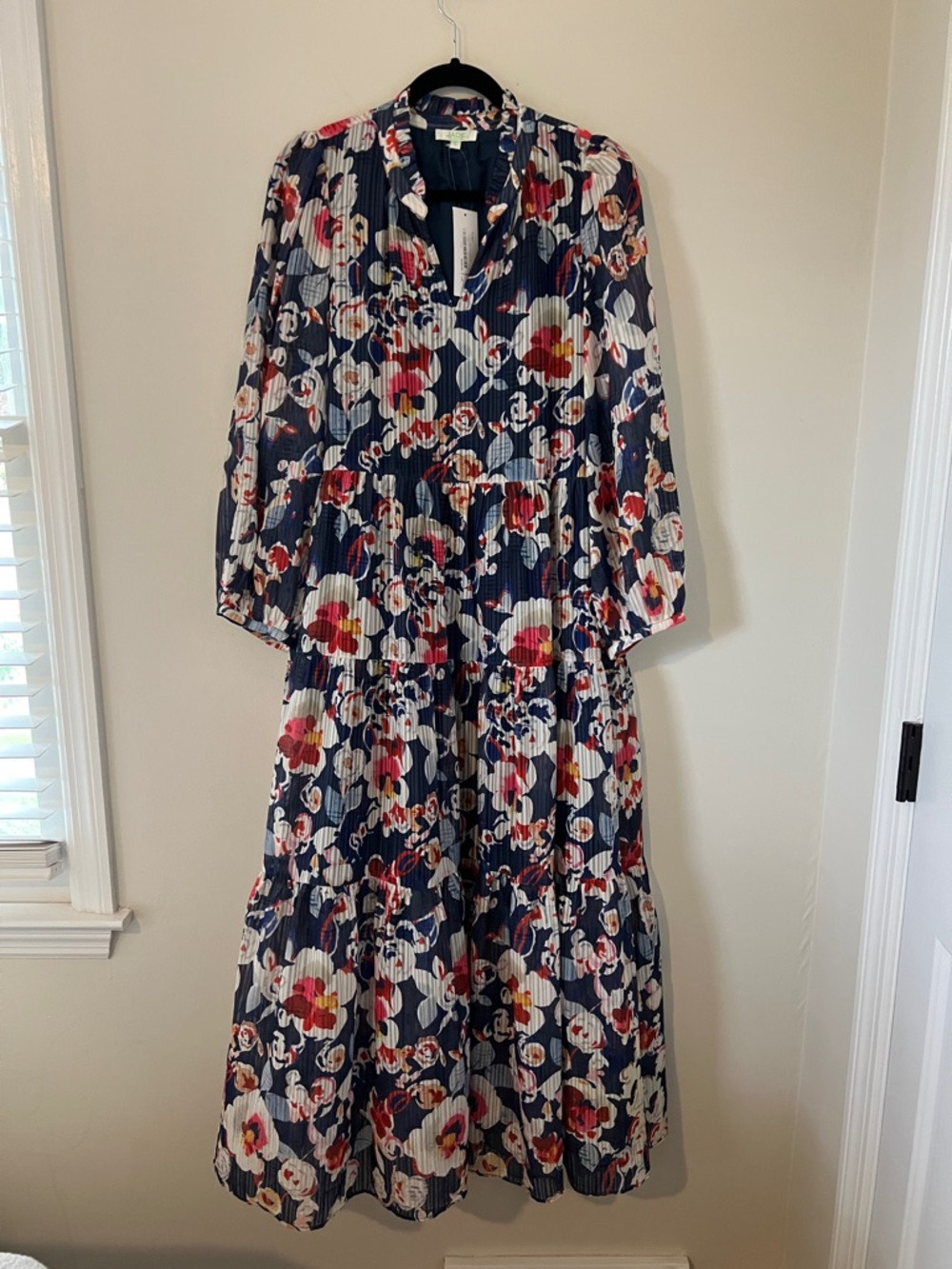 Jade Navy Floral Long Sleeve Tiered Midi Dress with Pink & Red Accents